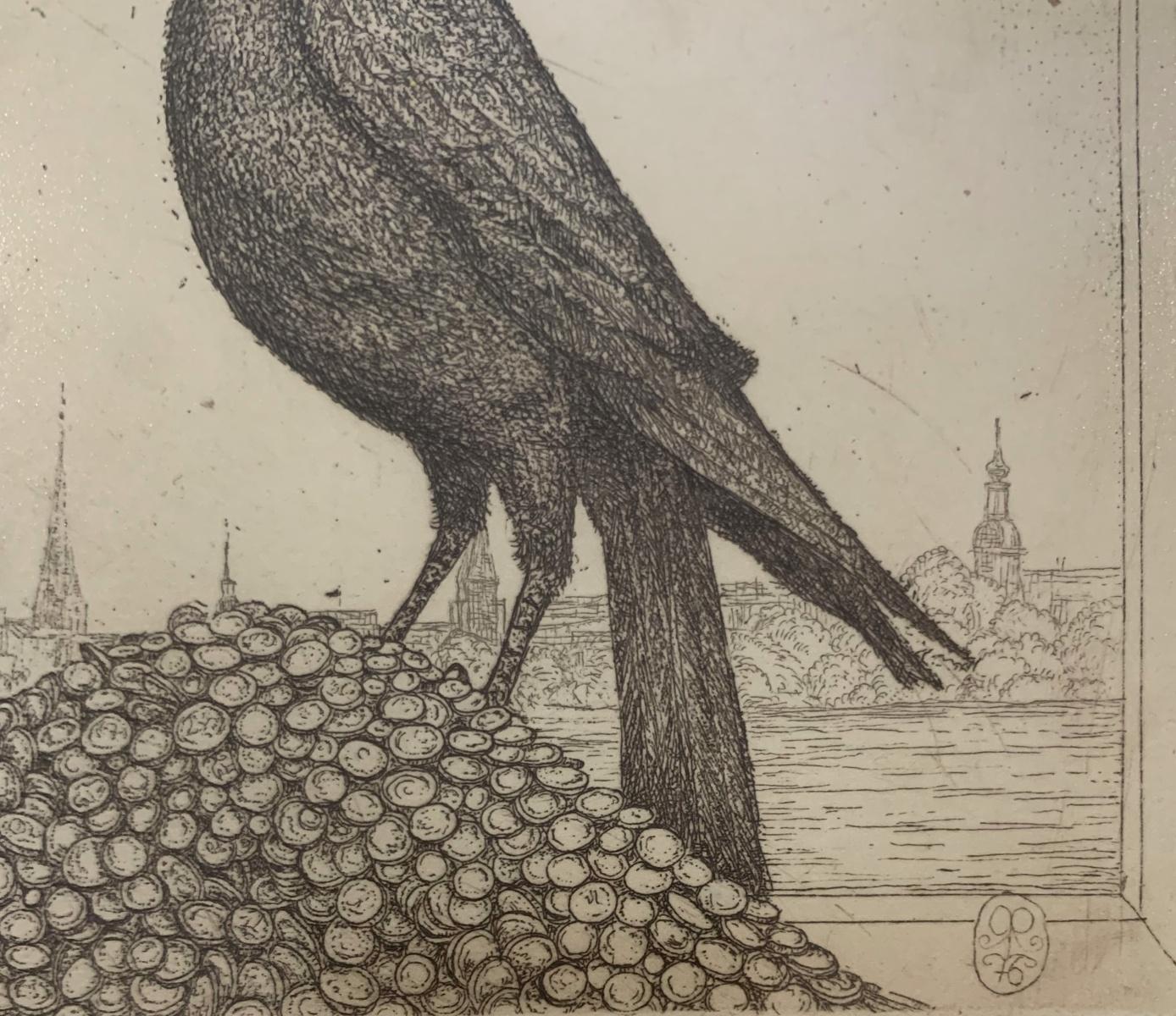 A jackdaw. Figurative etching, Monochromatic, Animal, Bird, Polish artist - Print by Leszek Rózga