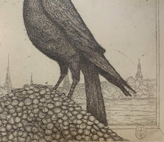 Un choucas. Gravure figurative, Monochromatique, Animal, Oiseau, Artiste polonais