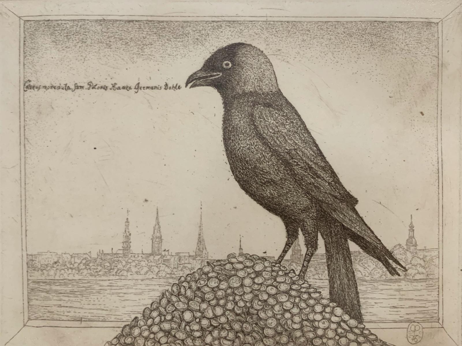 Un grajo. Grabado figurativo, Monocromático, Animal, Pájaro, Artista polaco