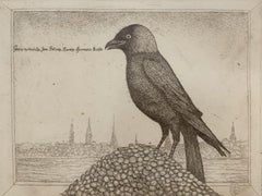 Un grajo. Grabado figurativo, Monocromático, Animal, Pájaro, Artista polaco