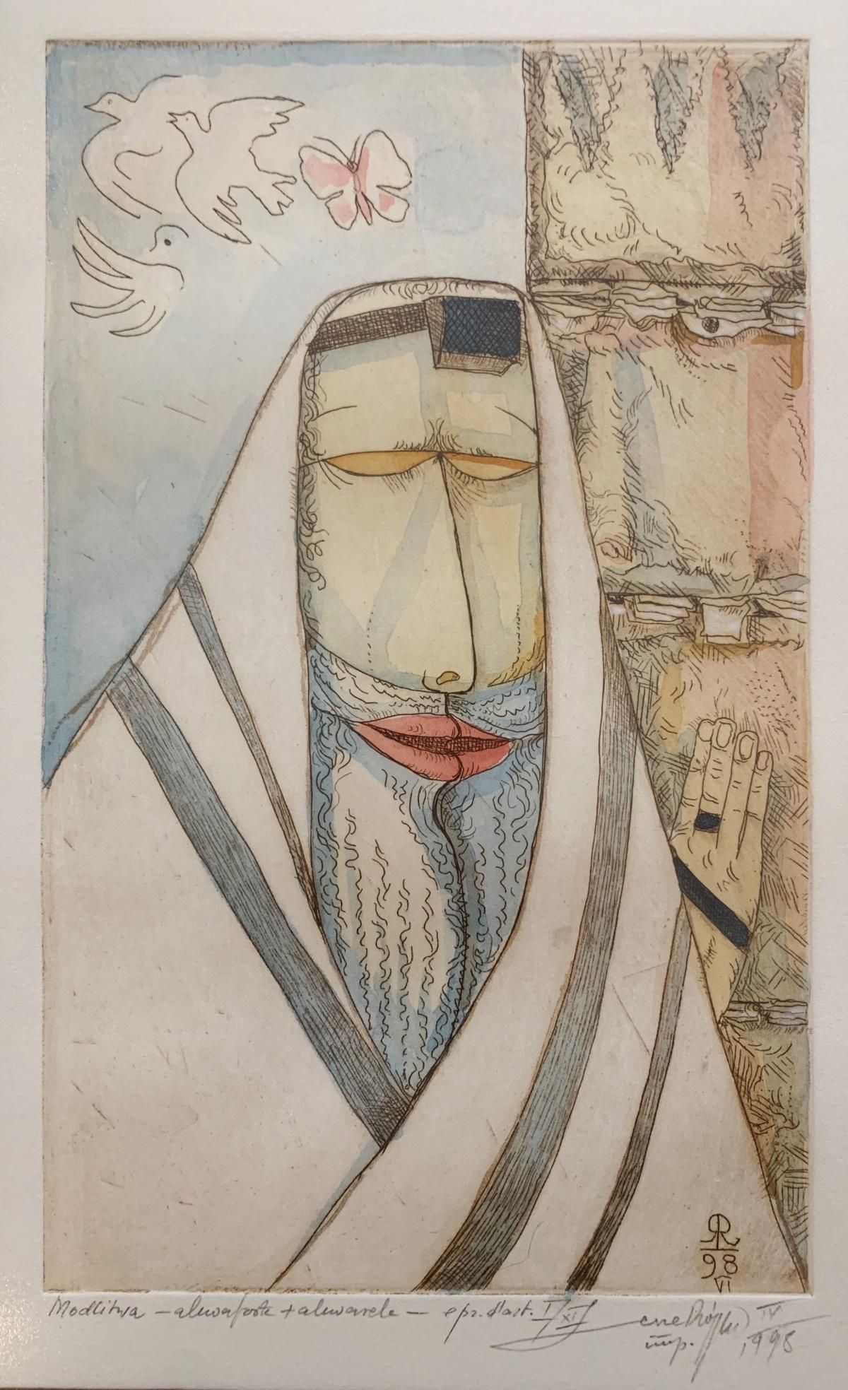 Una preghiera. Acquaforte e acquerello figurativo, Judaica, Arte polacca - Print Contemporaneo di Leszek Rózga