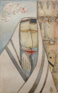 A prayer. Figurative etching & watercolor, Judaica, Polish art