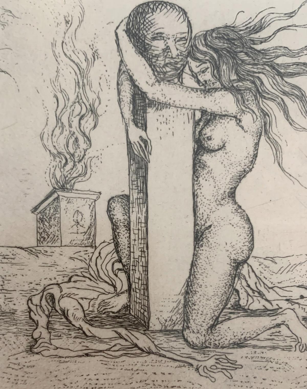 Adoración. Grabado surrealista, Monocromático, Minimalista, Arte polaco - Print de Leszek Rózga