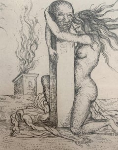 Adoration. Surrealistic etching, Monochromatic, Minimalistic, Polish art
