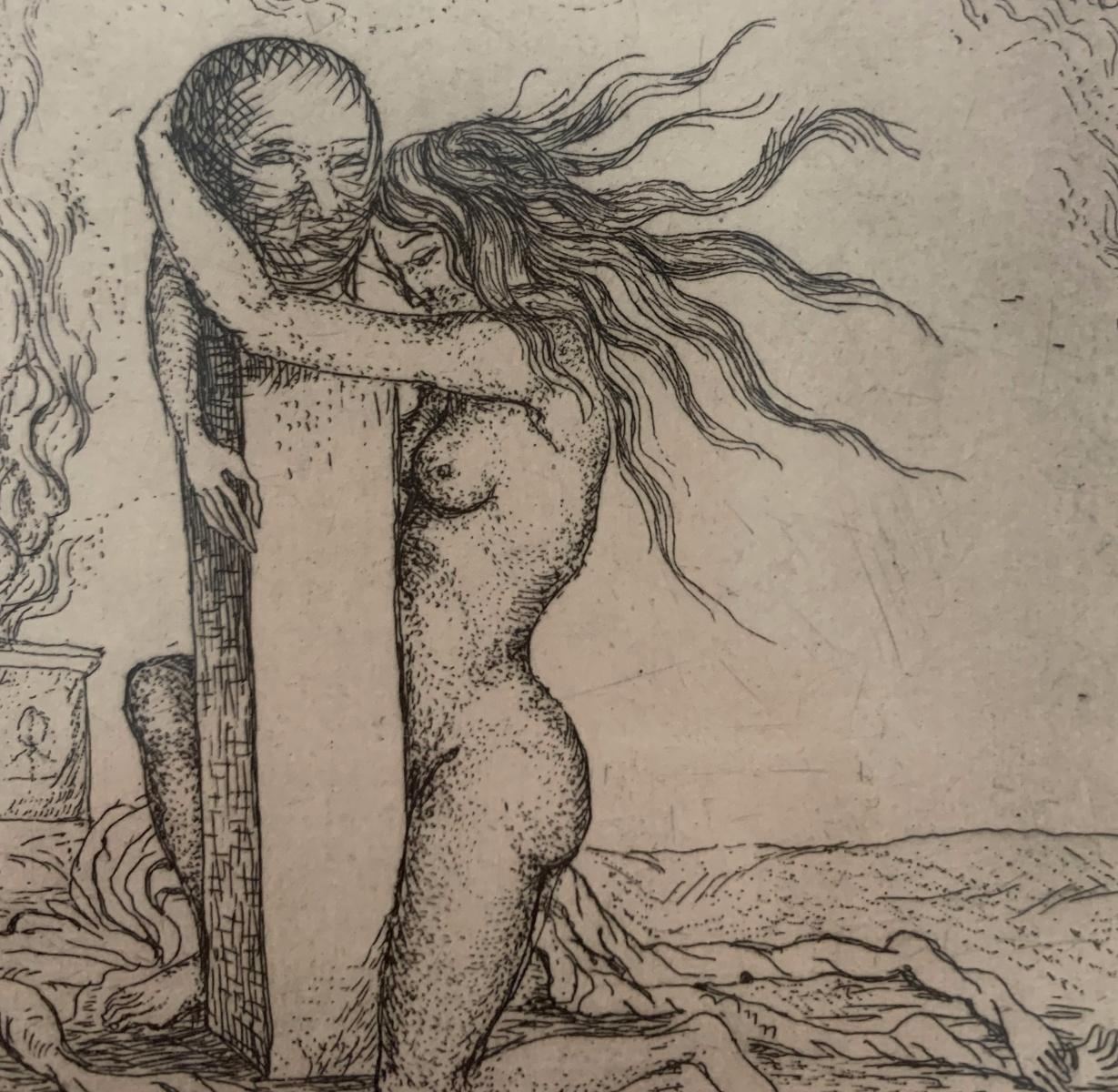 Adoración. Grabado surrealista, Monocromático, Minimalista, Arte polaco - Print Contemporáneo de Leszek Rózga