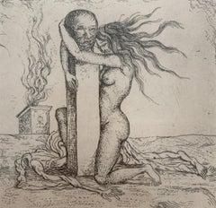 Adoration. Surrealistic etching, Monochromatic, Minimalistic, Polish art