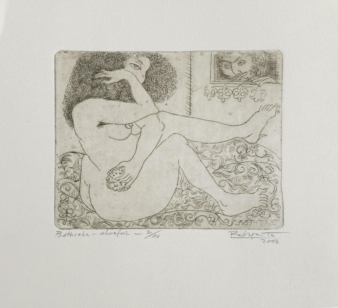 Bethsabe - XXI Century, Figurative etching print, Nude, Black &white – Print von Leszek Rózga