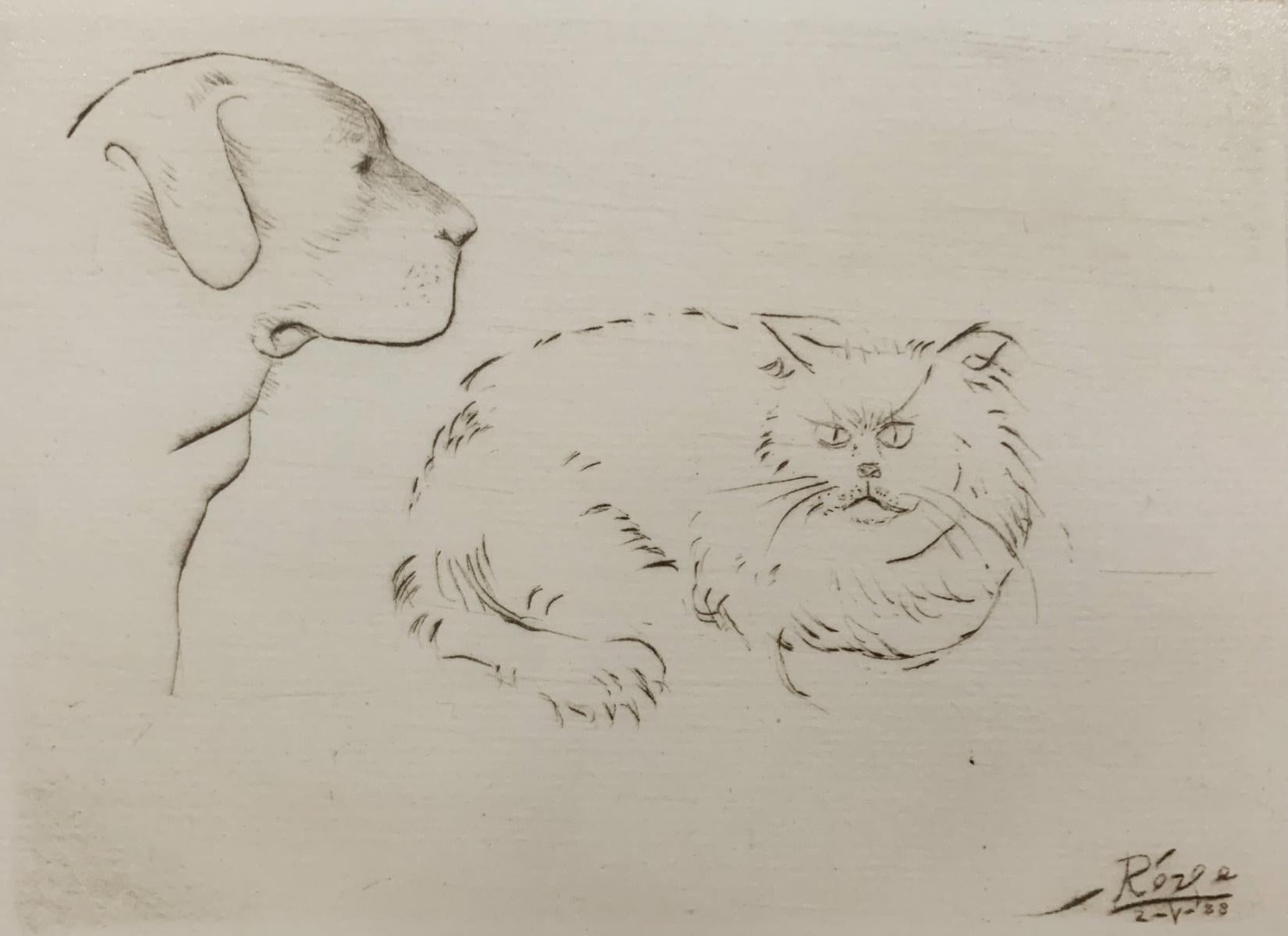 Gato y perro. Aguafuerte figurativo, Animales, Minimalista, Arte polaco
