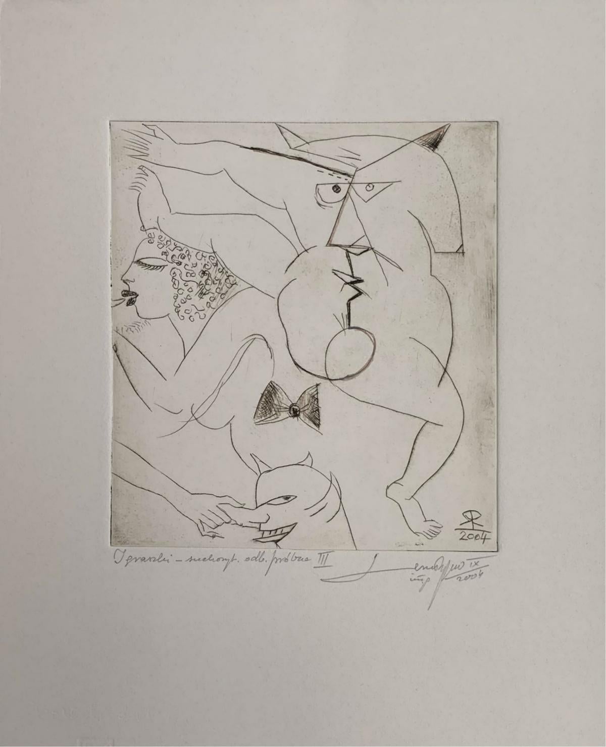 Dalliance - XXI Century, Figurative & abstract drypoint print, Black & white - Print by Leszek Rózga