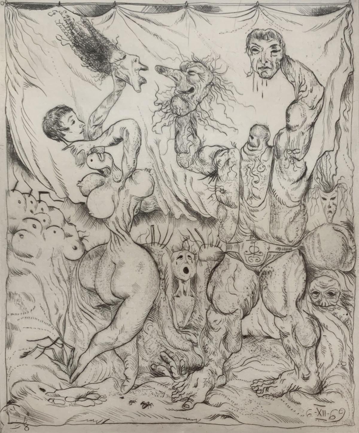 Ballare con le maschere. Acquaforte figurativa, Monocromatica, Minimalista, Arte polacca