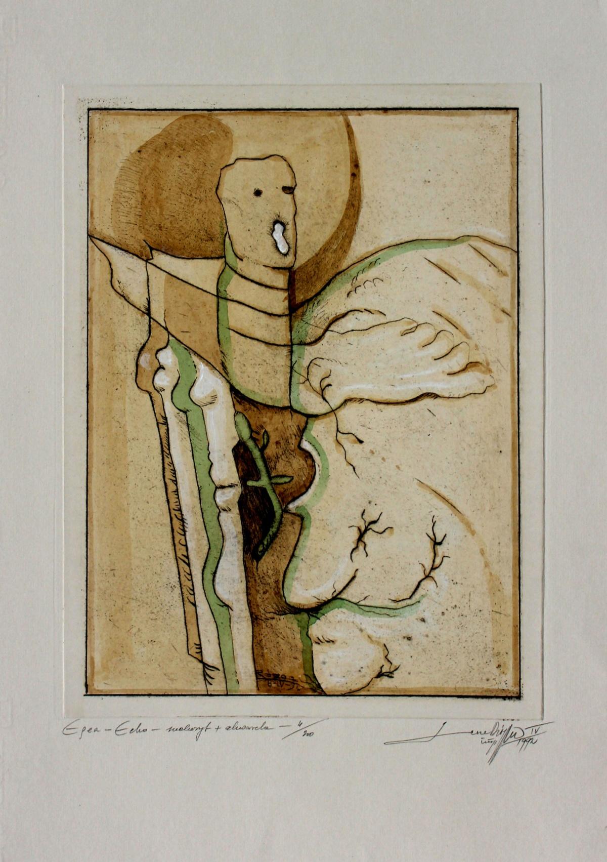 Egea, ein Echo – XX Jahrhundert, Abstrakter Radierungsdruck mit Aquarellfarben (Braun), Abstract Print, von Leszek Rózga