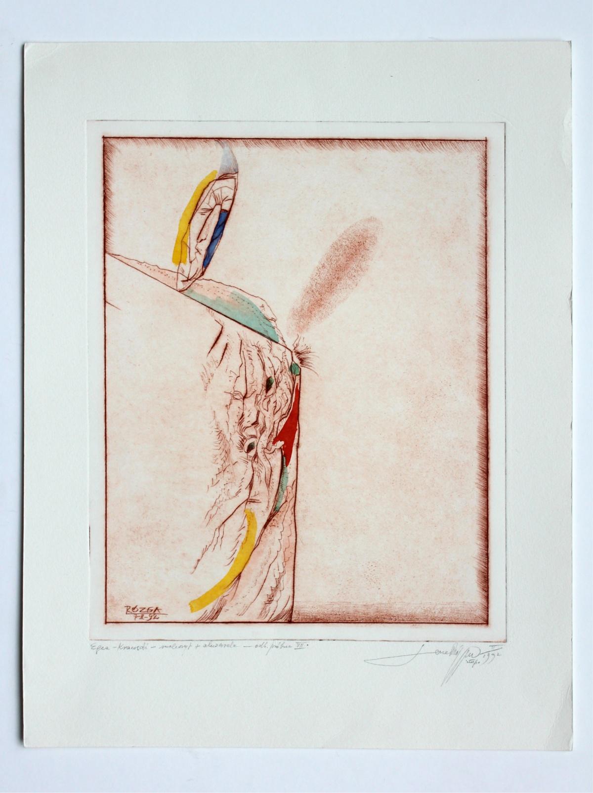 Egea, ein Rand - XX Jahrhundert, Abstrakter Radierungsdruck, farbenfroh (Beige), Abstract Print, von Leszek Rózga