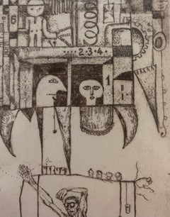 Elevator. Figurative etching print, Nude, Black &white, Polish artist