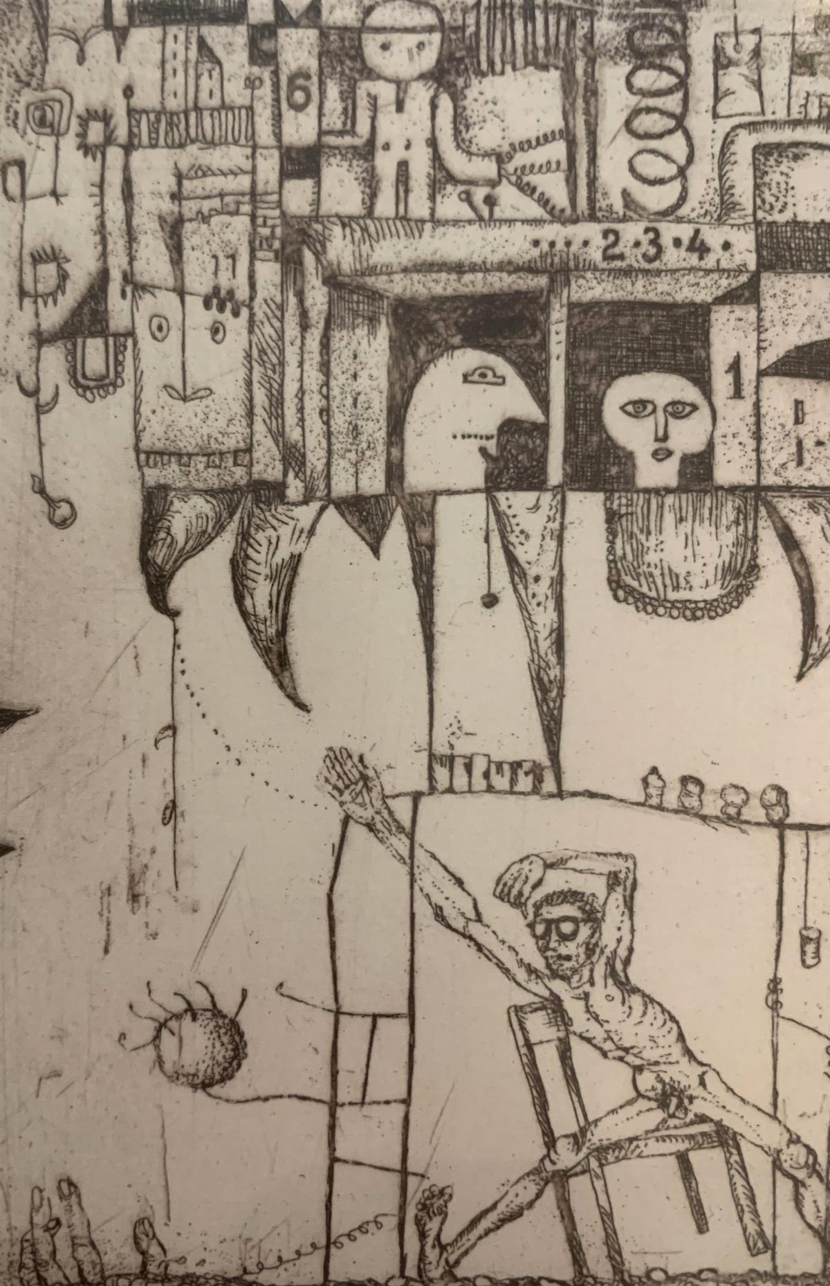 Aufzug. Figurativer Radierungsdruck, Akt, Schwarz-Weiß, polnischer Künstler (Zeitgenössisch), Print, von Leszek Rózga