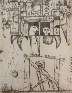 Elevator. Figurative etching print, Nude, Black &white, Polish artist