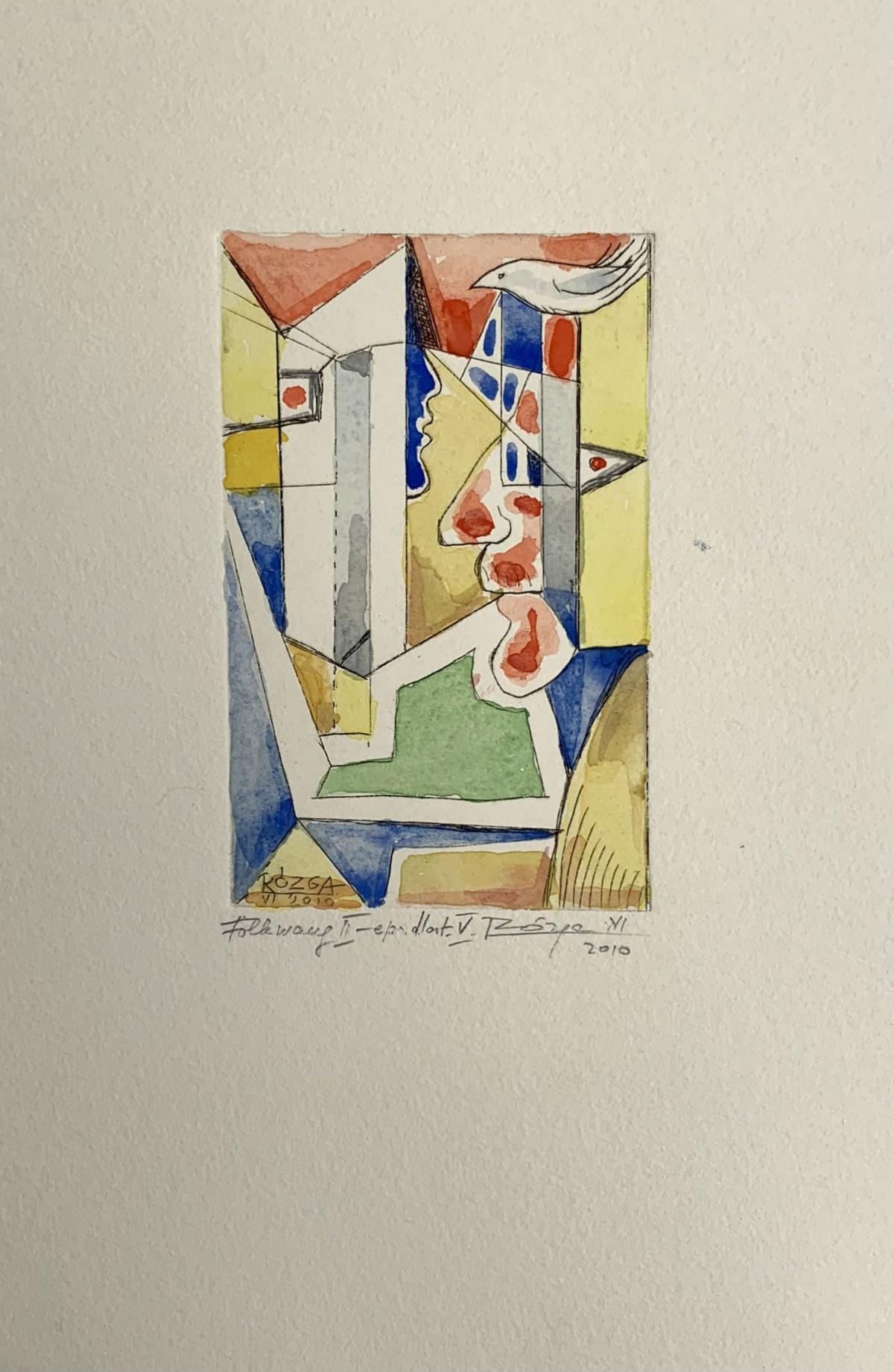 Folkwang -  Abstract drypoint & watercolor, Colorful, Surrealist, Vibrant - Print by Leszek Rózga