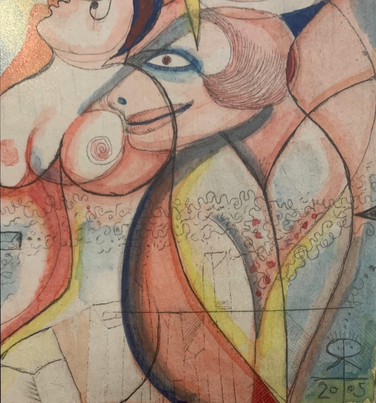 Chicas. Grabado figurativo de edición limitada, Surrealista, Desnudo, Arte polaco - Figurative Print Marrón de Leszek Rózga