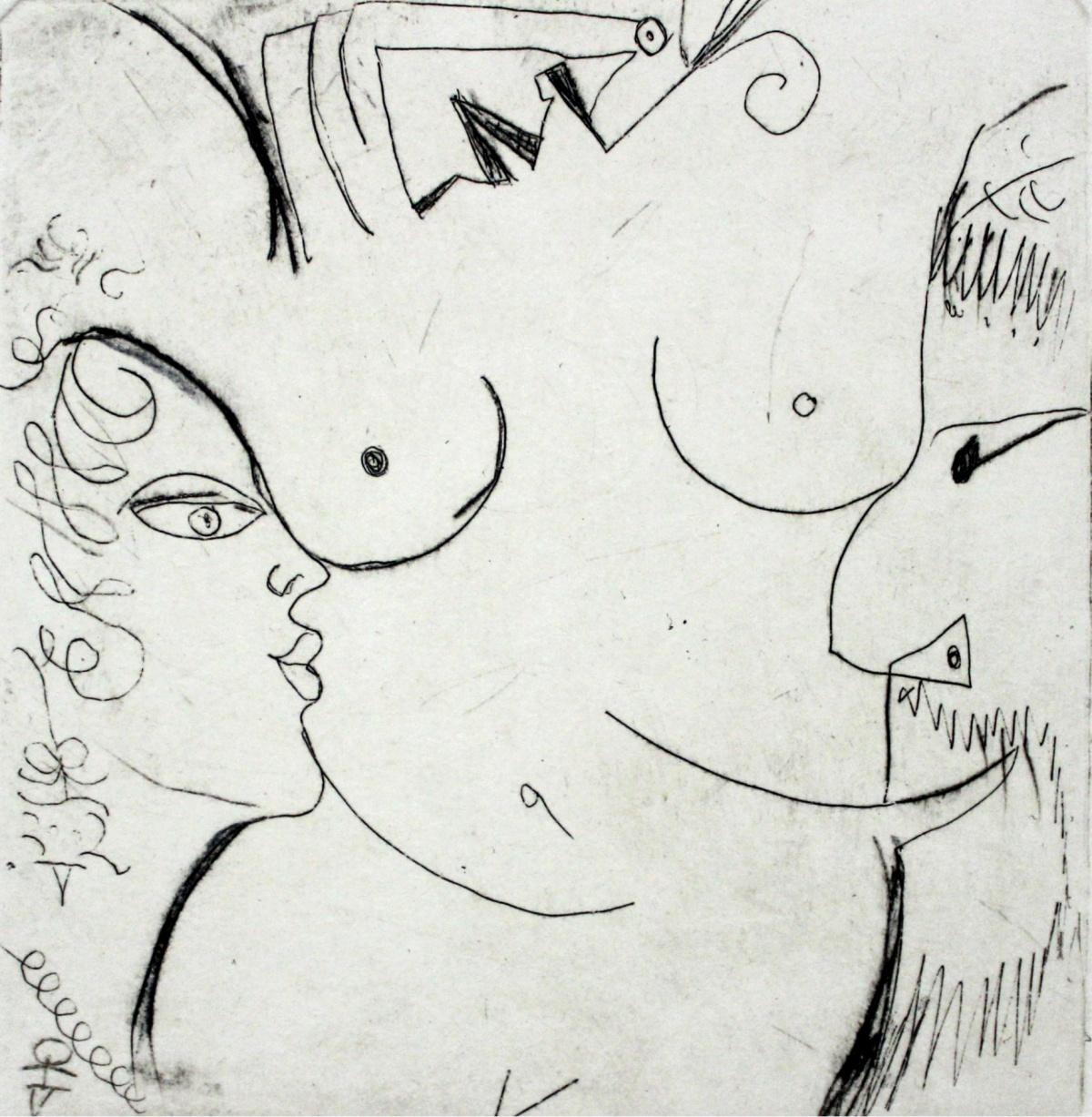 Cabezas y un torso -  Grabado figurativo en punta seca, Surrealista, Blanco y negro