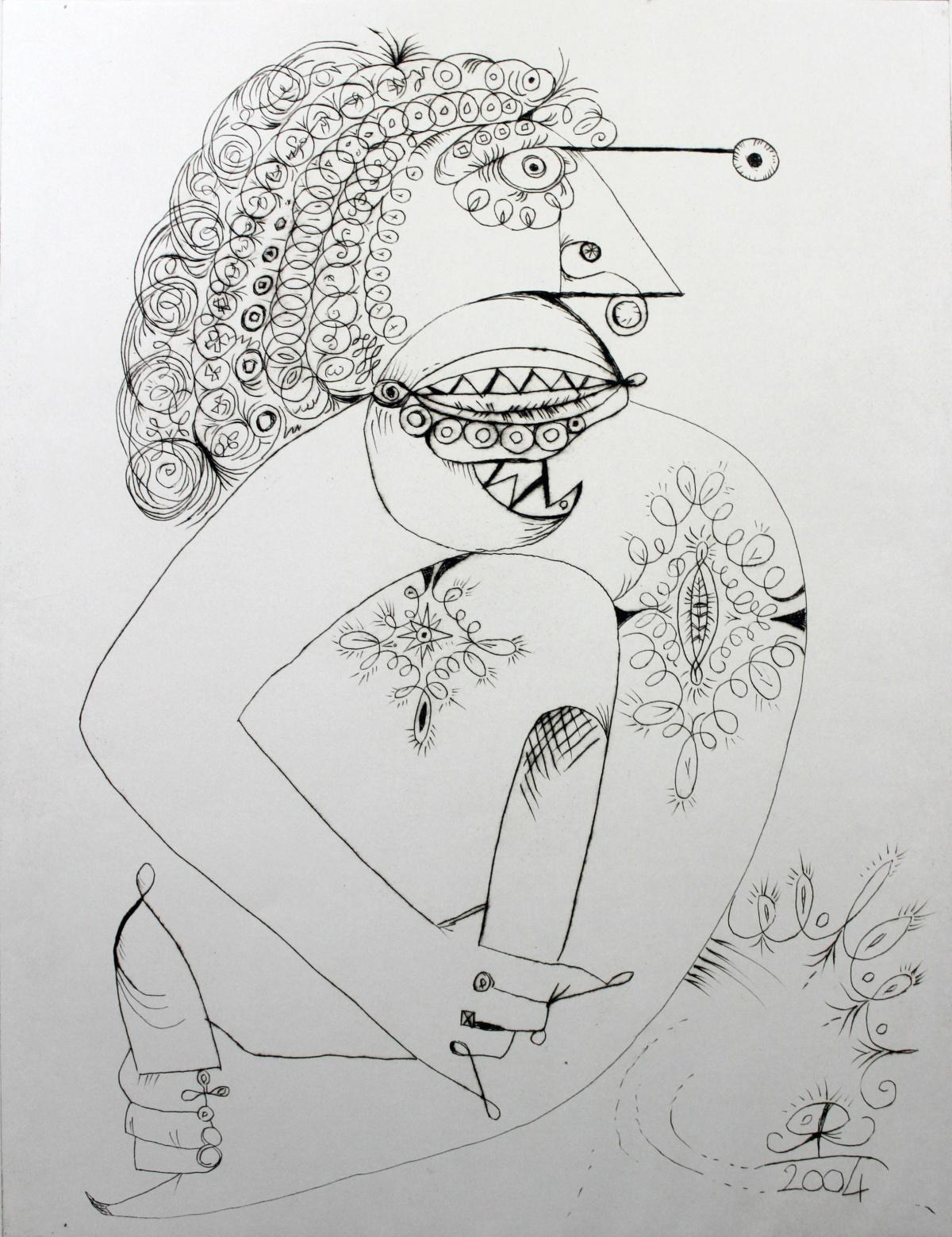 Ídolo -  Grabado figurativo en punta seca, Surrealista, Blanco y negro, Minimalismo