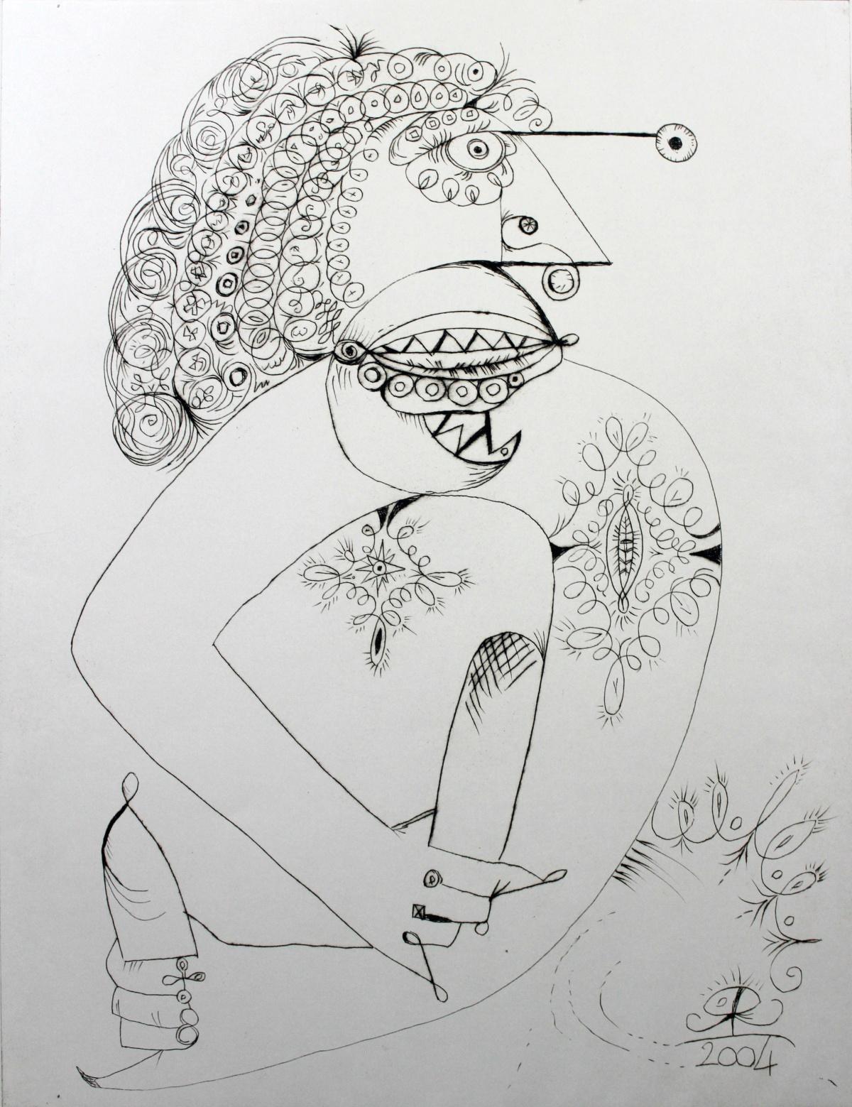 Idol -  Figurative drypoint print, Surrealist, Black & white, Minimalism