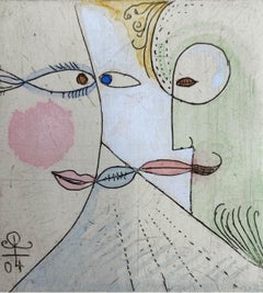 Jalousie - XXI Century, Figurative drypoint print & watercolor, Colorful