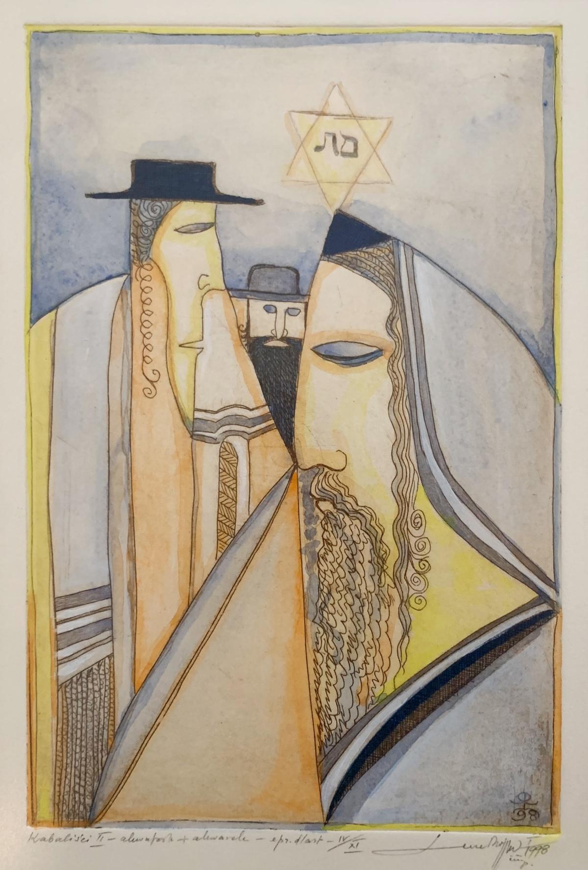 Cabalisti 2. Acquaforte e acquerello figurativo, Surrealismo, Judaica, arte polacca - Print di Leszek Rózga