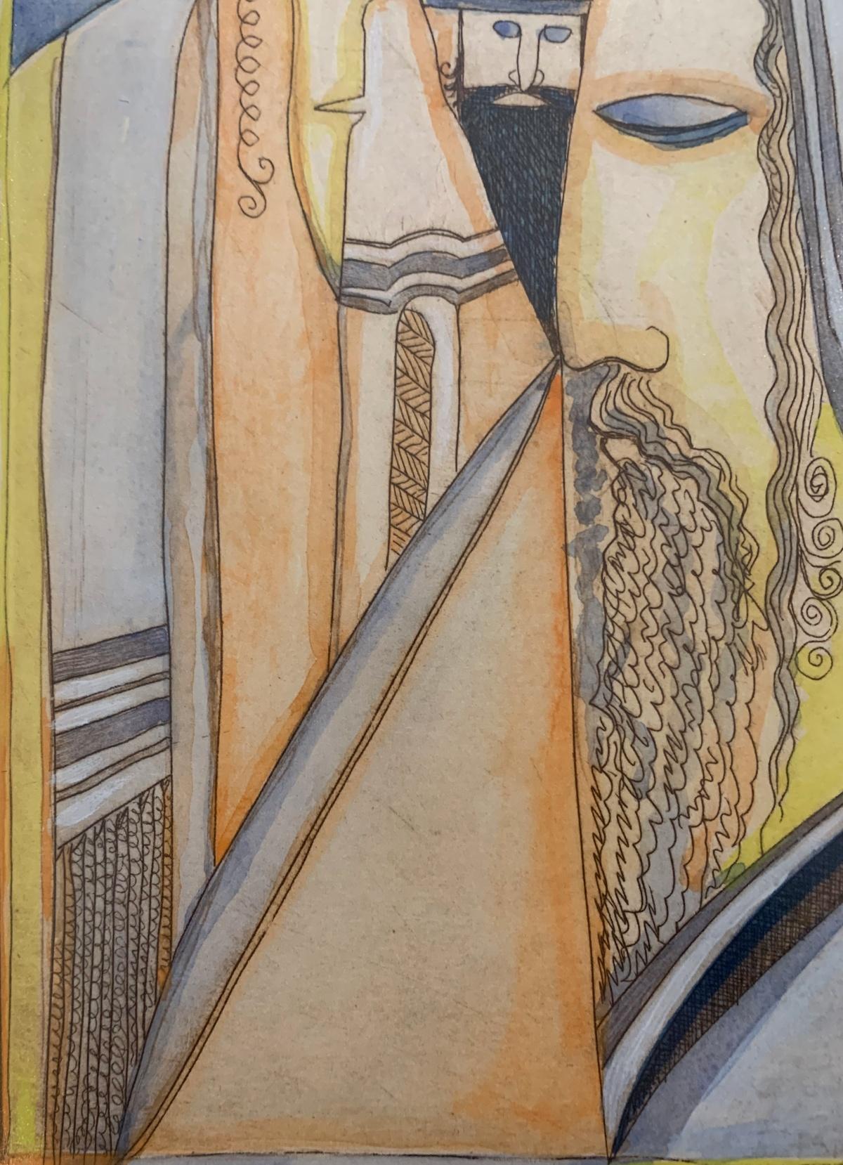 Cabalisti 2. Acquaforte e acquerello figurativo, Surrealismo, Judaica, arte polacca - Print Contemporaneo di Leszek Rózga