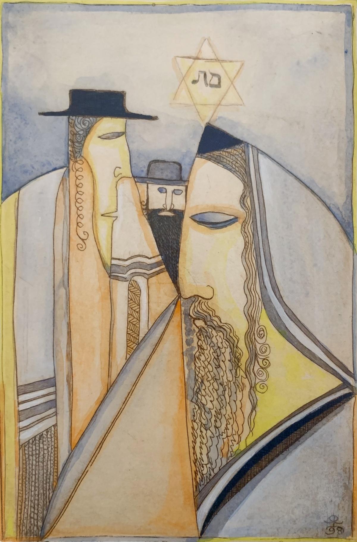 Figurative Print di Leszek Rózga - Cabalisti 2. Acquaforte e acquerello figurativo, Surrealismo, Judaica, arte polacca