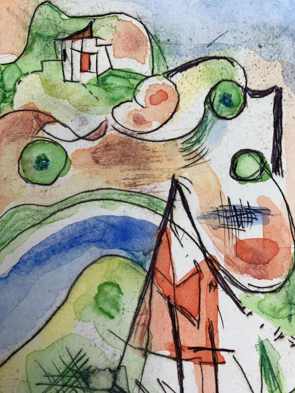 Mansion on a hill - XXI Century, Abstract drypoint & watercolor, Colorful For Sale 1