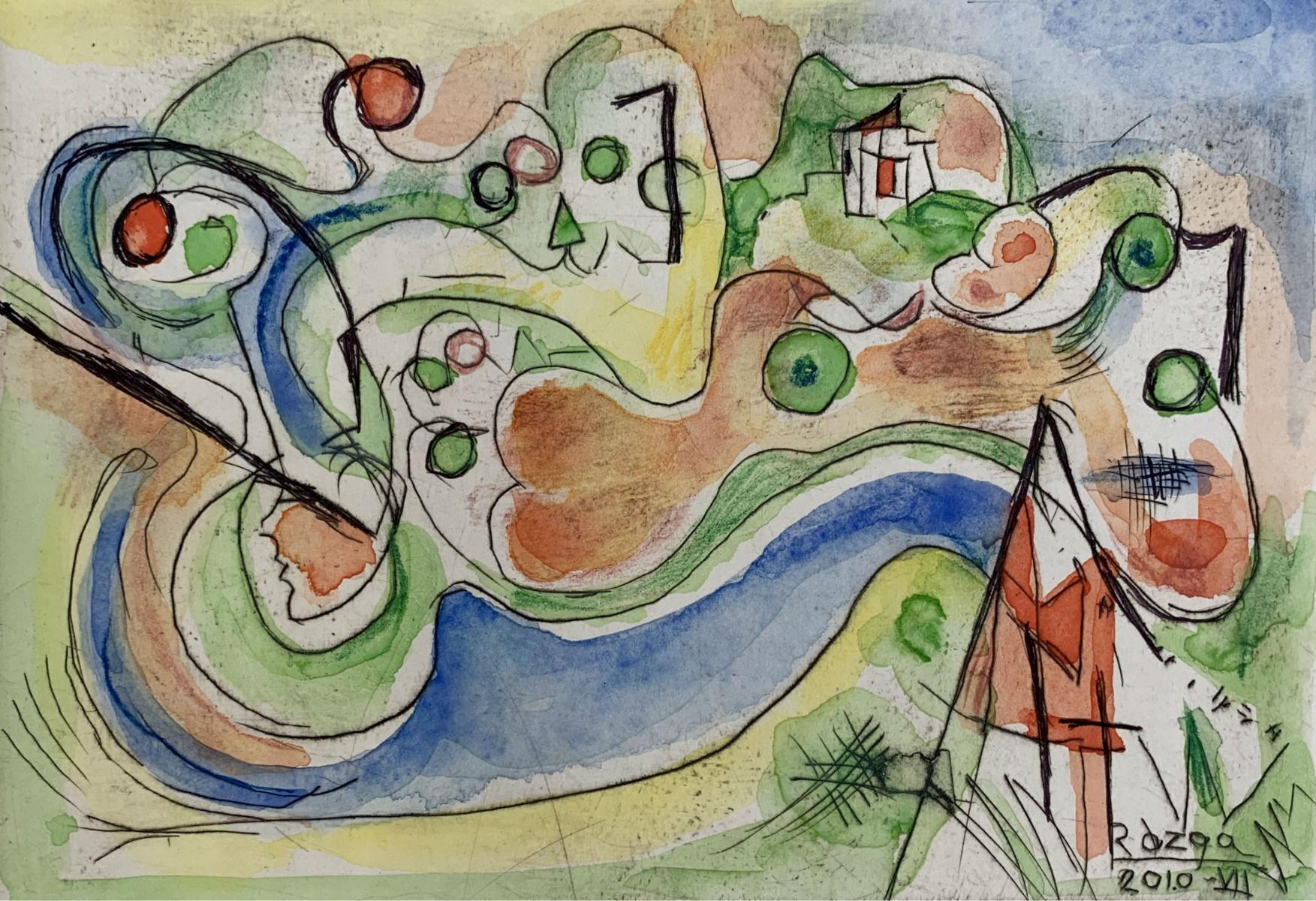 Mansion on a hill - XXI Century, Abstract drypoint & watercolor, Colorful