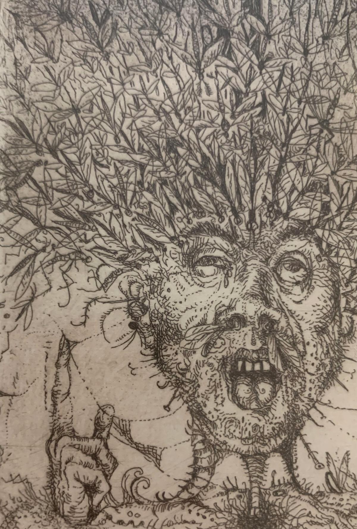 Mosquitos. Figurative etching print, Surrealism, Black &white, Polish artist - Contemporary Print by Leszek Rózga
