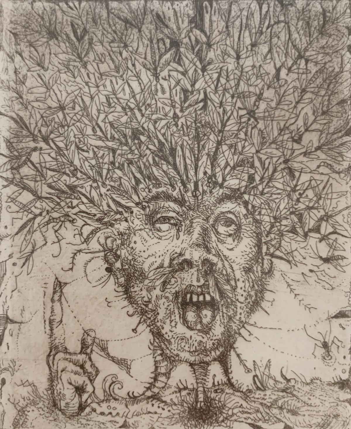 Mosquitos. Figurative etching print, Surrealism, Black &white, Polish artist