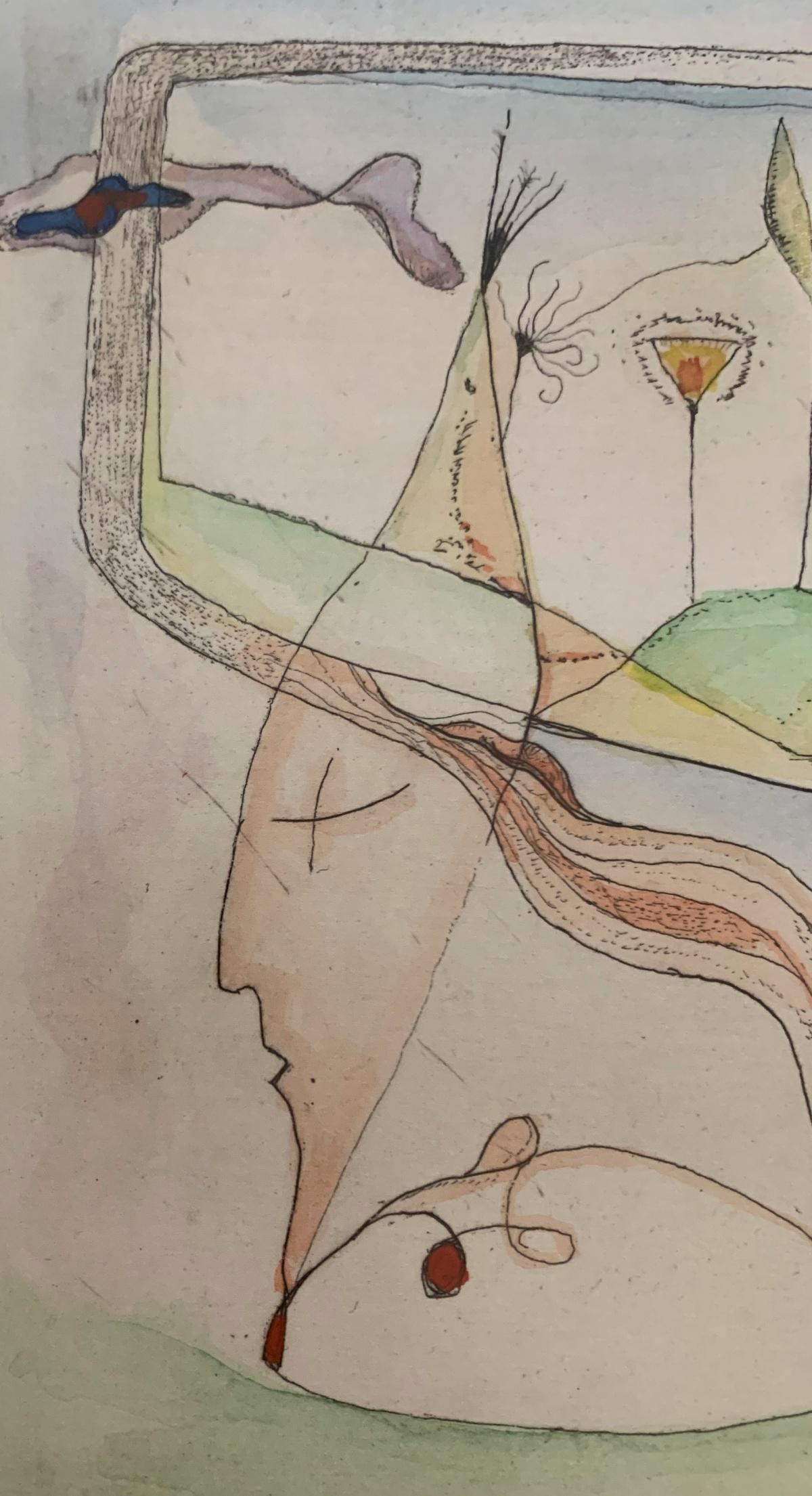 La mystère d'un voyage. Gravure figurative et abstraite, colorée, artiste polonaise - Print de Leszek Rózga