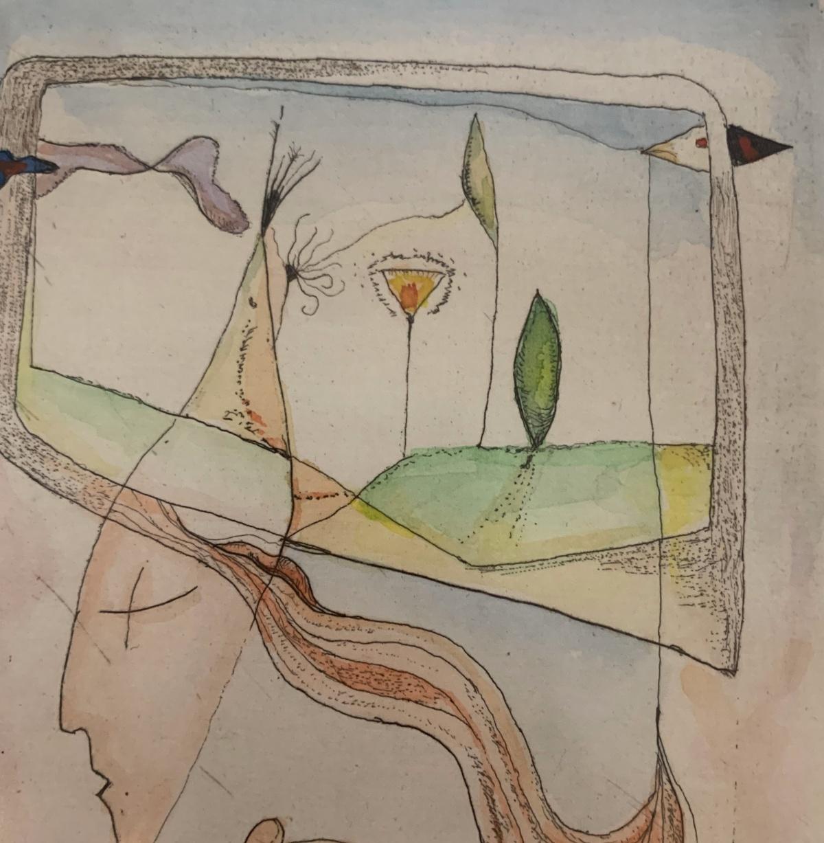 La mystère d'un voyage. Gravure figurative et abstraite, colorée, artiste polonaise - Contemporain Print par Leszek Rózga