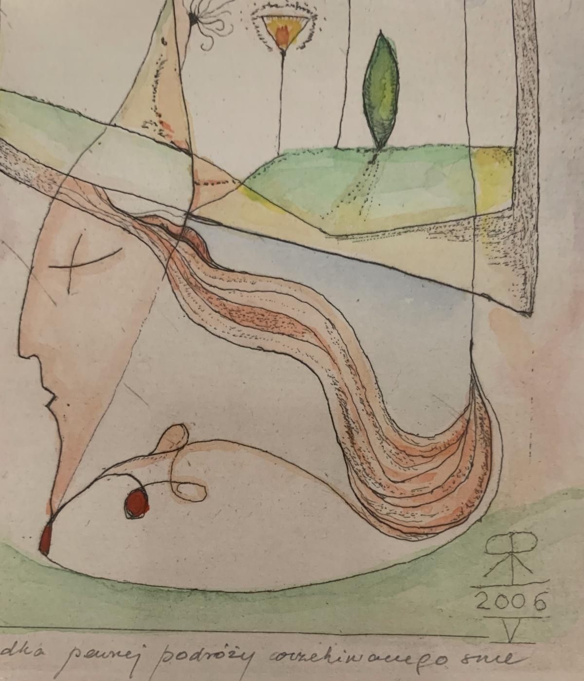 La mystère d'un voyage. Gravure figurative et abstraite, colorée, artiste polonaise - Marron Abstract Print par Leszek Rózga