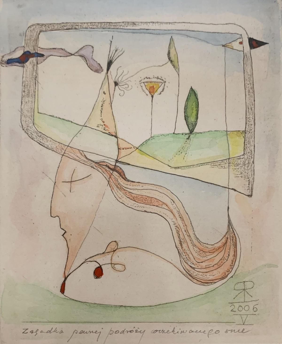 El misterio de un viaje. Grabado figurativo y abstracto, Colorido, Artista polaco