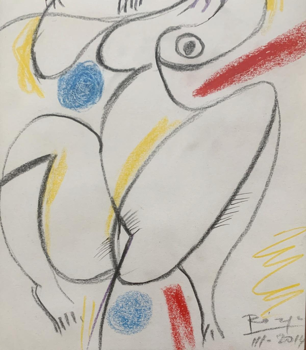 Nude. Figurative surrealistic drawing, Animal, Minimalistic, Polish art - Abstract Print Gris de Leszek Rózga