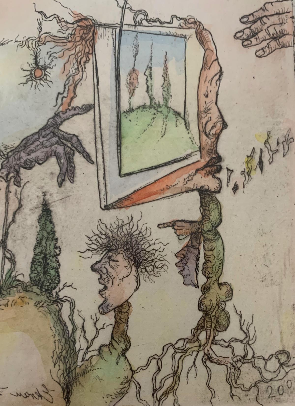 Screen of illusions. Figurative etching, Colorful, Satire, Polish art - Brown Figurative Print by Leszek Rózga