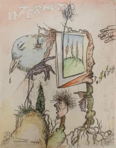 Écran des illusions. Gravure figurative colorée, Satire, art polonais