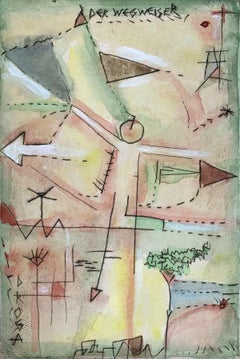 Signpost - XXI Century, Abstract drypoint print & watercolor, Colorful 
