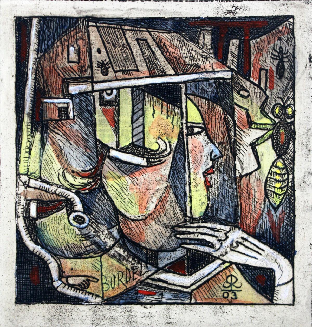 Spanish fly - XXI Century Abstract Etching Print with Watercolor, Figurative