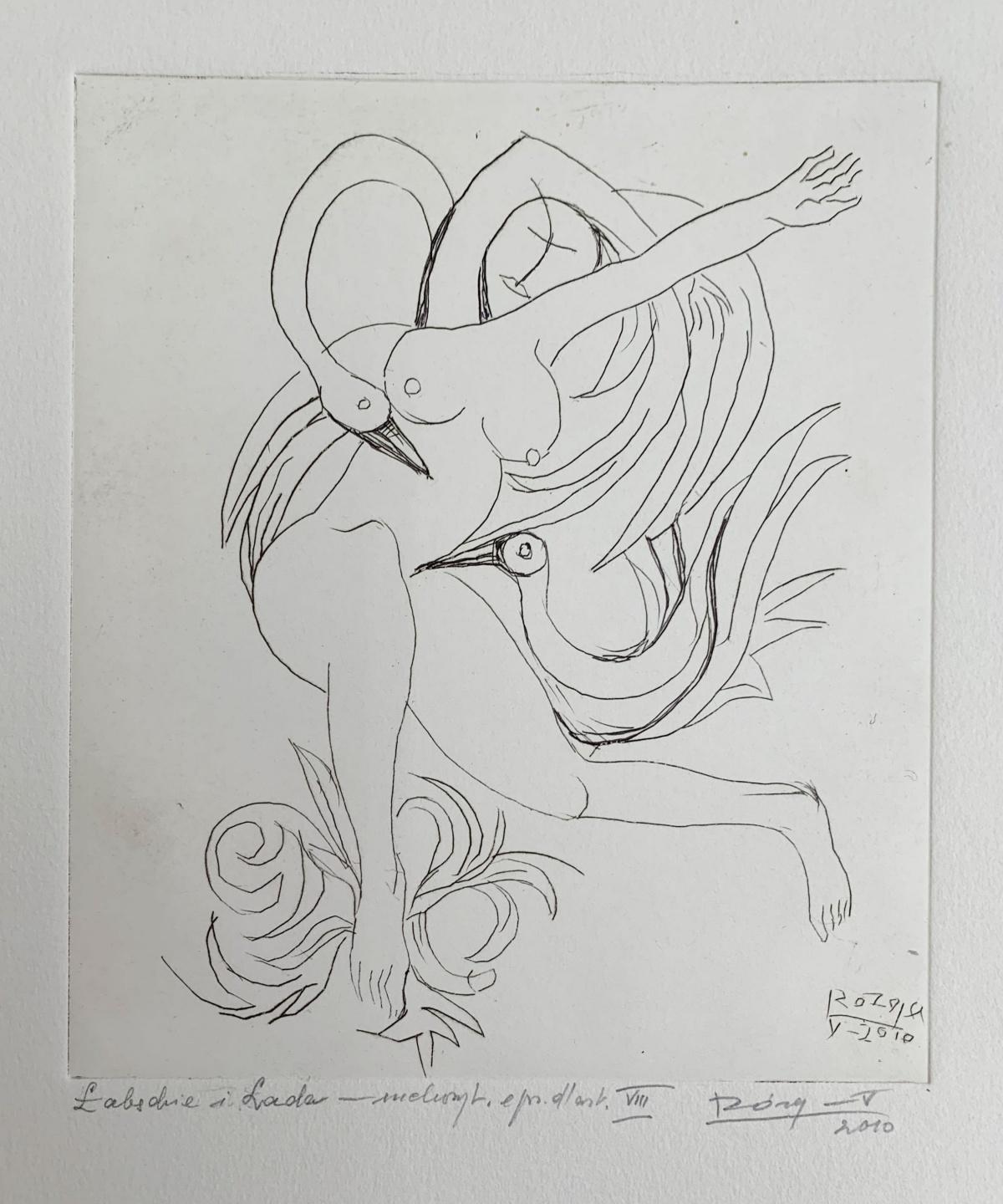 Swans and Leda - XXI Jahrhundert, figurativer Radierungsdruck, Nude, Schwarz & Weiß (Zeitgenössisch), Print, von Leszek Rózga