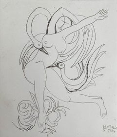 Swans and Leda - XXI Century, Figurative etching print, Nude, Black &white