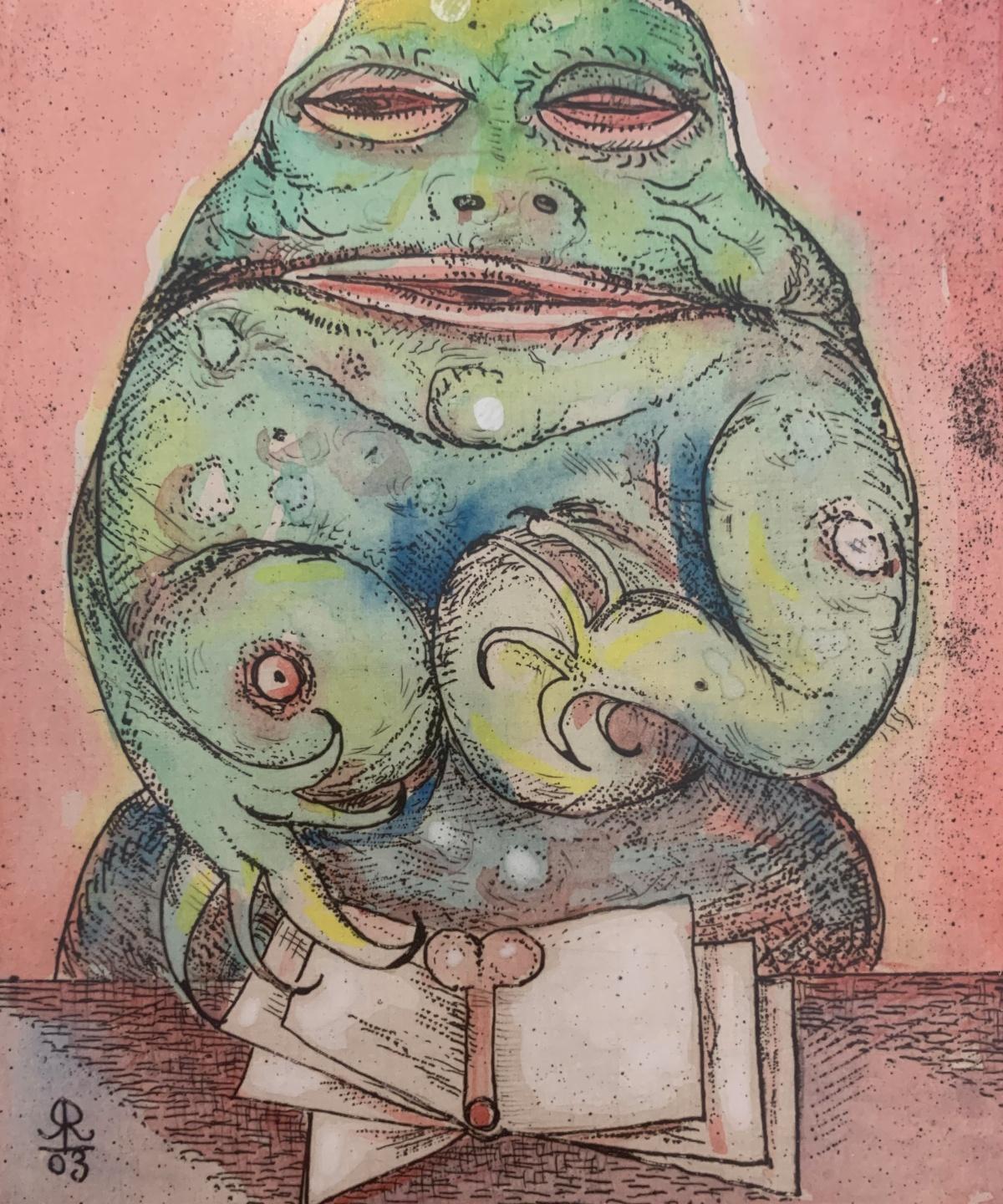 El juicio: un juez. Grabado figurativo, Colorido, Sátira, Arte polaco - Print Contemporáneo de Leszek Rózga