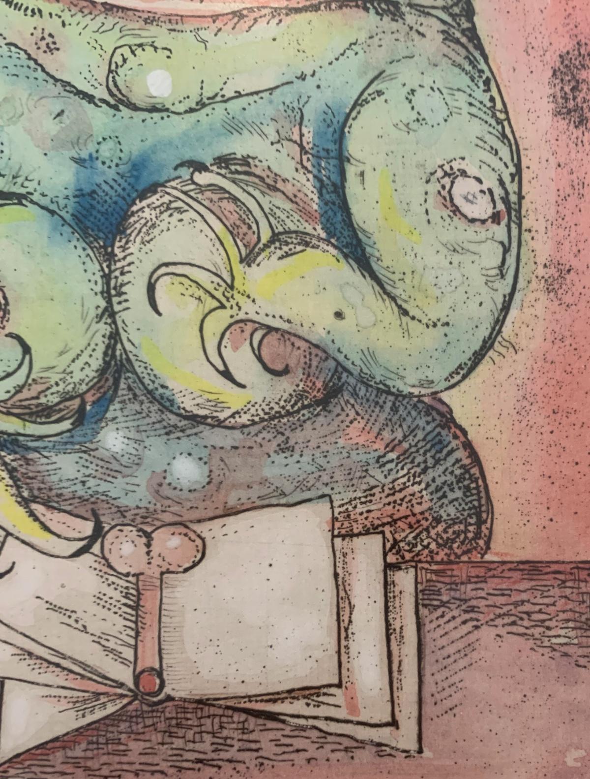 El juicio: un juez. Grabado figurativo, Colorido, Sátira, Arte polaco - Figurative Print Marrón de Leszek Rózga
