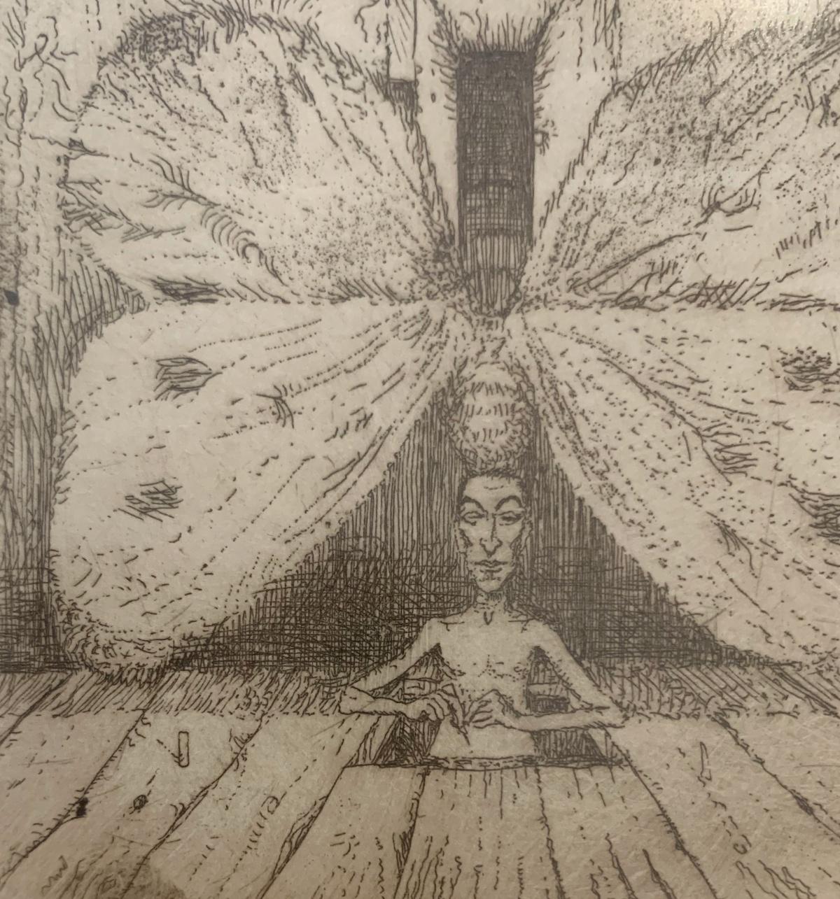 Trained butterfly. Figurative etching, Monochromatic, Surrealism, Polish artist - Print by Leszek Rózga