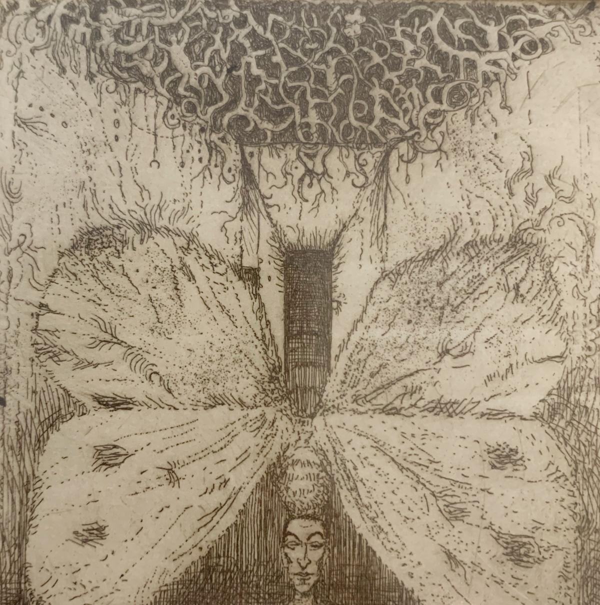 Trained butterfly. Figurative etching, Monochromatic, Surrealism, Polish artist - Contemporary Print by Leszek Rózga