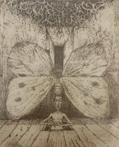 Farfalla addestrata. Acquaforte figurativa, Monocromatico, Surrealismo, Artista polacco
