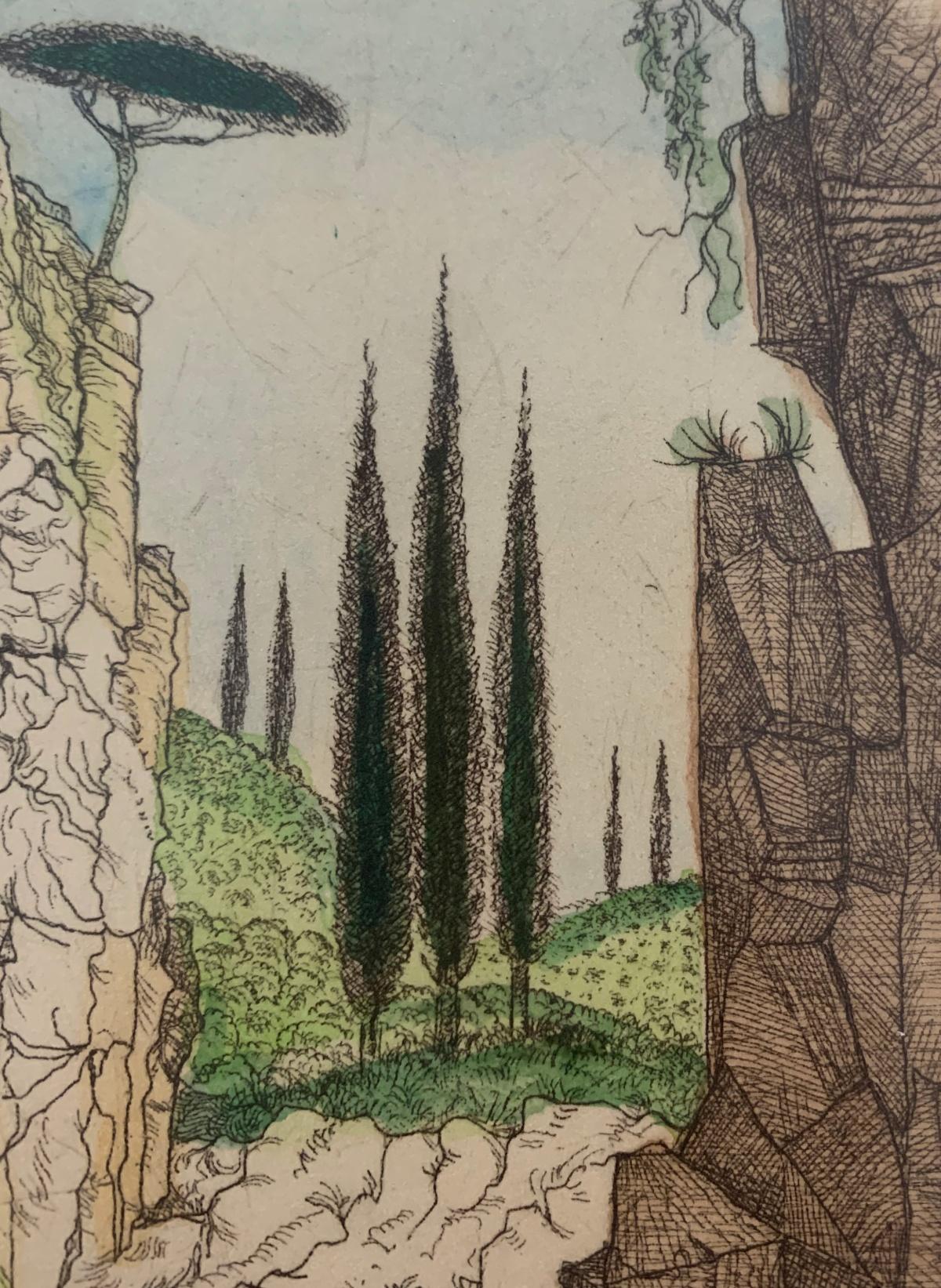Toscana. Grabado figurativo, Paisaje colorido, Minimalista, Arte polaco - Print Contemporáneo de Leszek Rózga