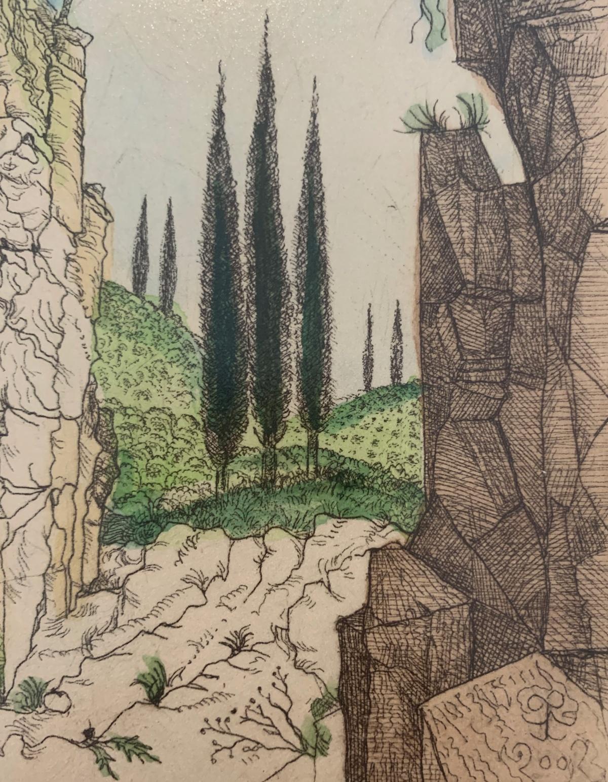 Toscana. Grabado figurativo, Paisaje colorido, Minimalista, Arte polaco - Abstract Print Marrón de Leszek Rózga